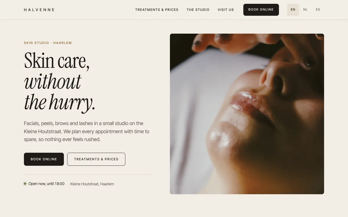 Home page of the Halvenne demo: the headline Skin care, without the hurry, next to a close-up photo of a facial treatment