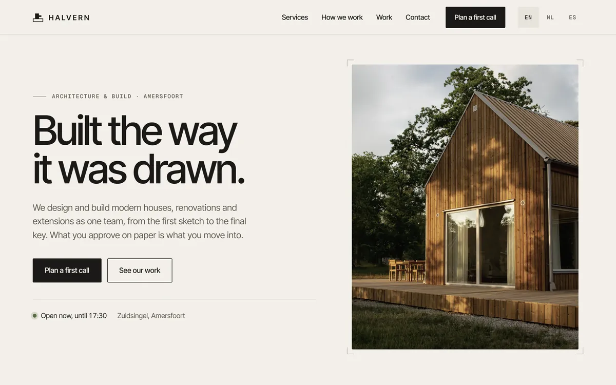 Home page of the Halvern demo: the headline Built the way it was drawn, next to a photo of a timber house with a wooden deck