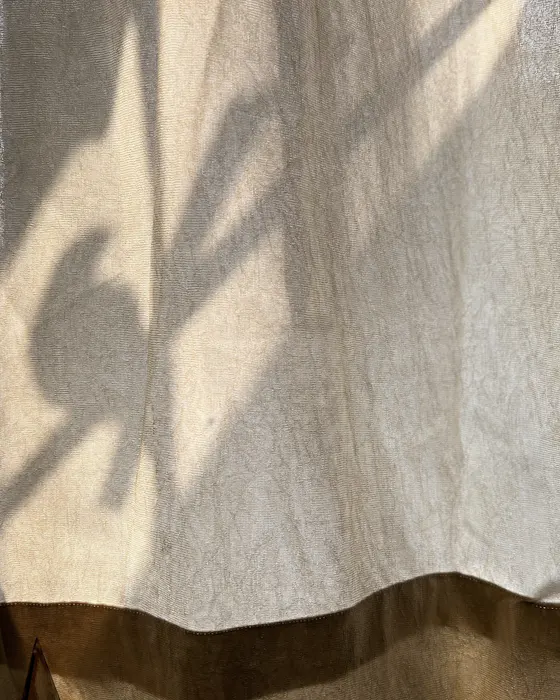 The shadow of a plant falling on a creased linen curtain in warm sun