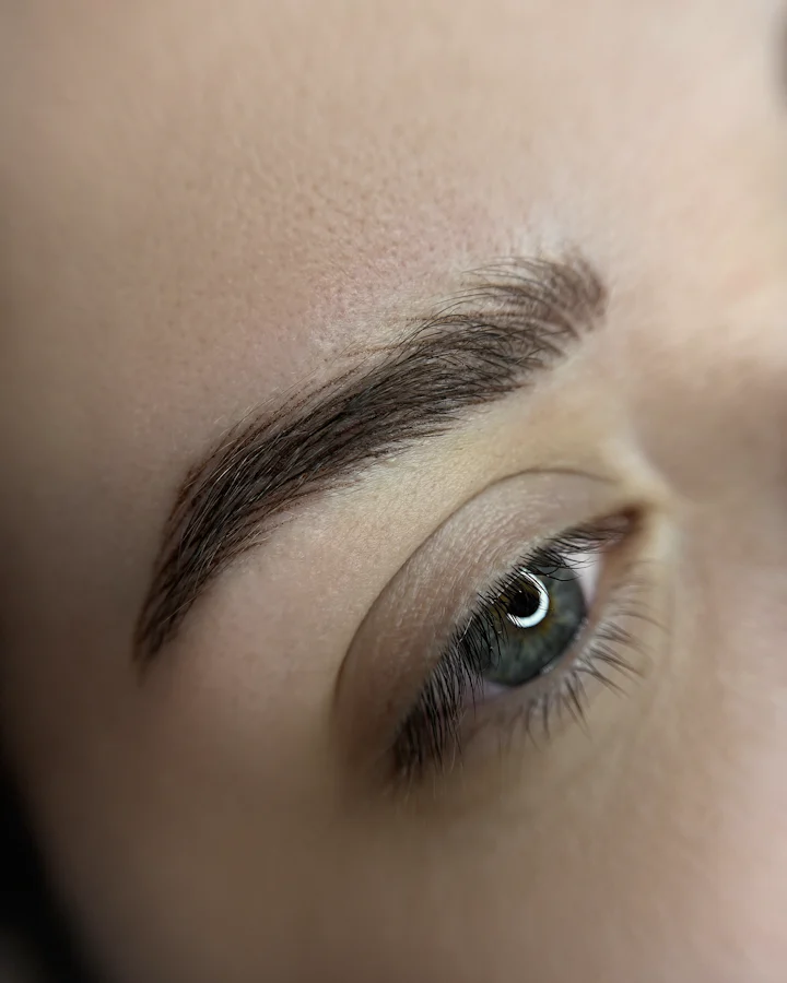 Close-up of a neatly shaped, brushed-up brow above a lowered eye