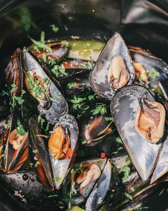 Steamed mussels in their broth, with chopped herbs