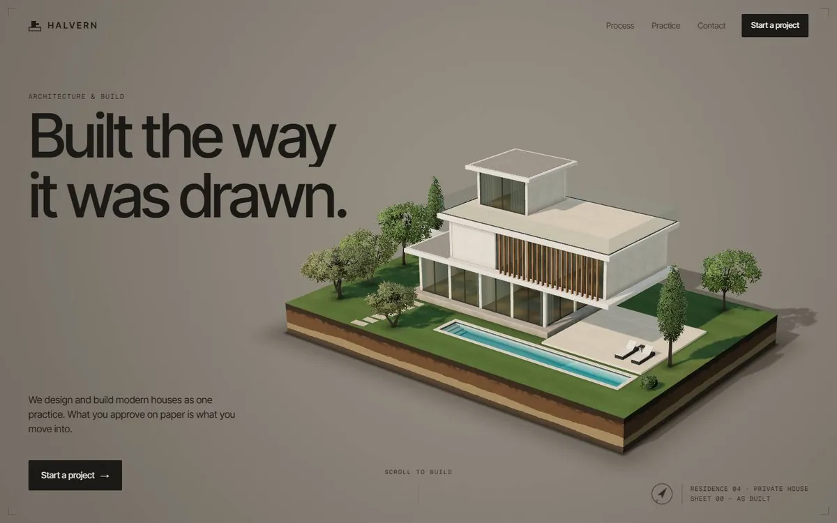 Demo site for Halvern Architecture and Build: a finished modern house with a pool and garden on a cut block of land