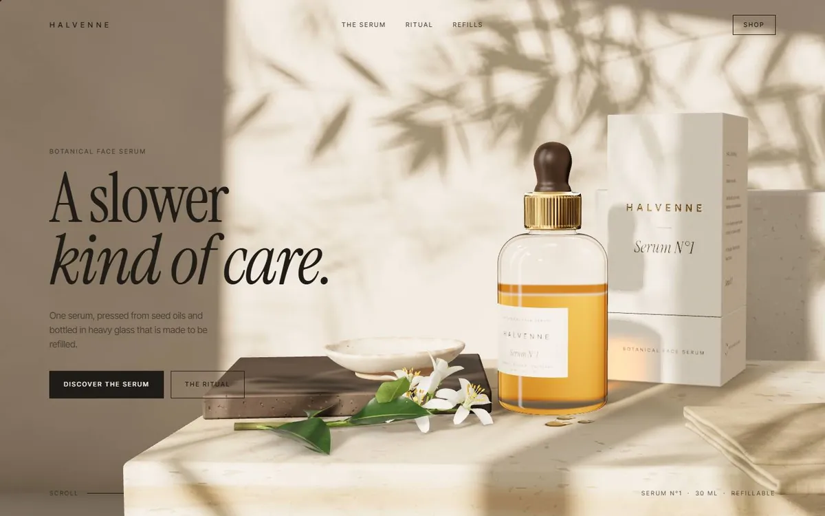 Demo site for Halvenne: a serum bottle with a brass dropper on sunlit stone, next to its carton and a sprig of orange blossom