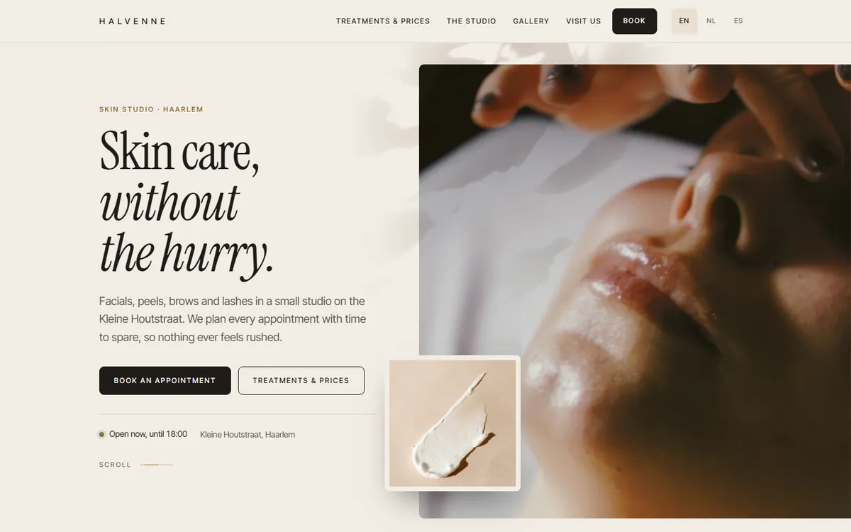 Home page of the Halvenne Signature demo: the headline Skin care, without the hurry, next to a close-up photo of a facial treatment and a small photo of a swatch of cream