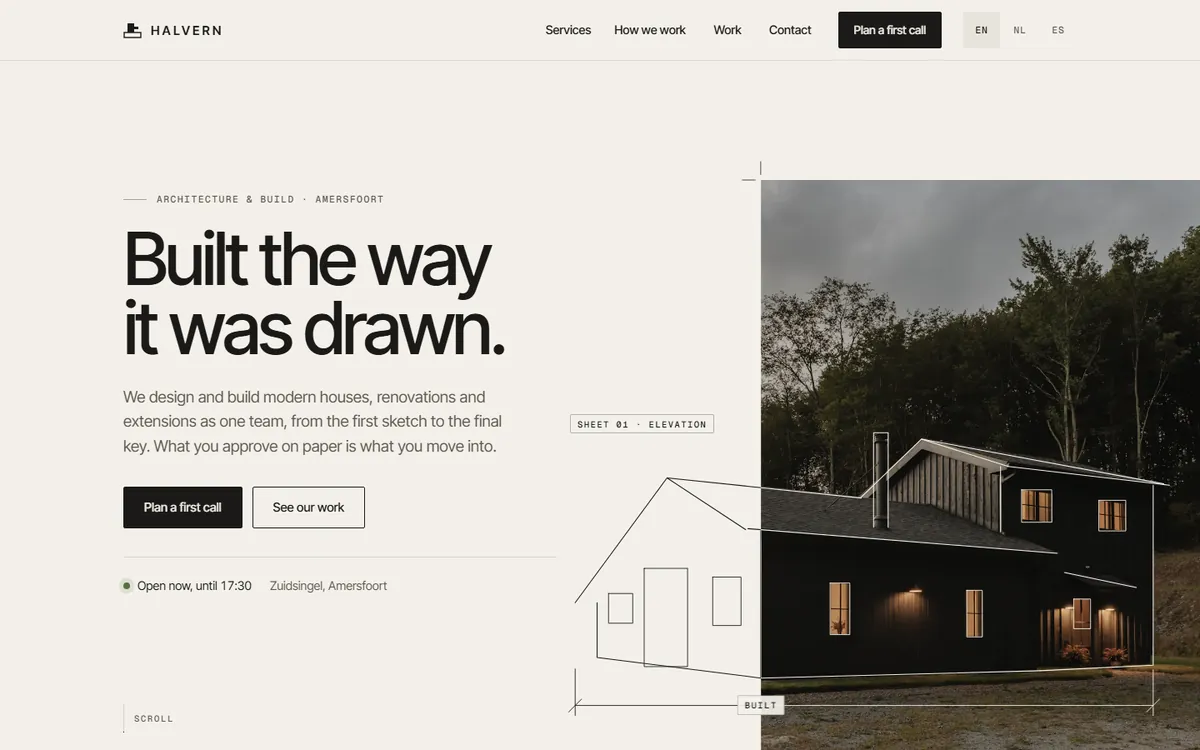 Home page of the Halvern Signature demo: the headline Built the way it was drawn, next to a line drawing of a house that turns into a photo of a dark timber house at dusk