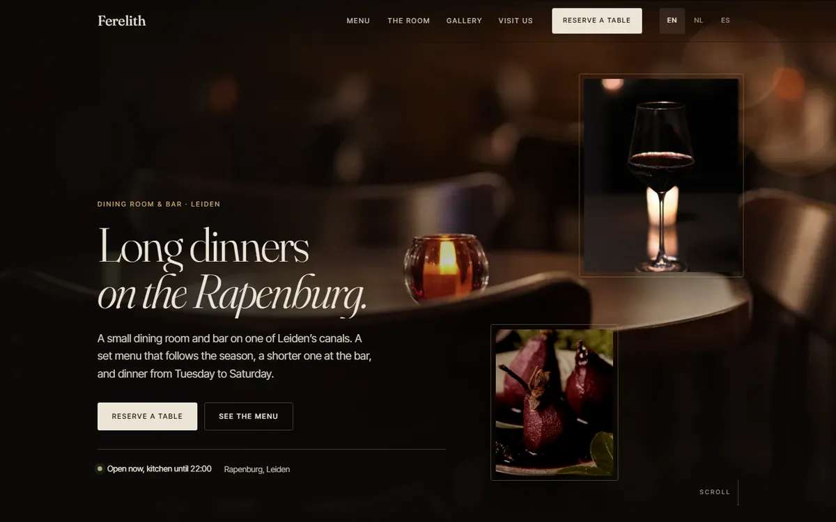 Home page of the Ferelith Signature demo: the headline Long dinners on the Rapenburg over a candlelit dining room, with framed photos of a glass of red wine and poached pears